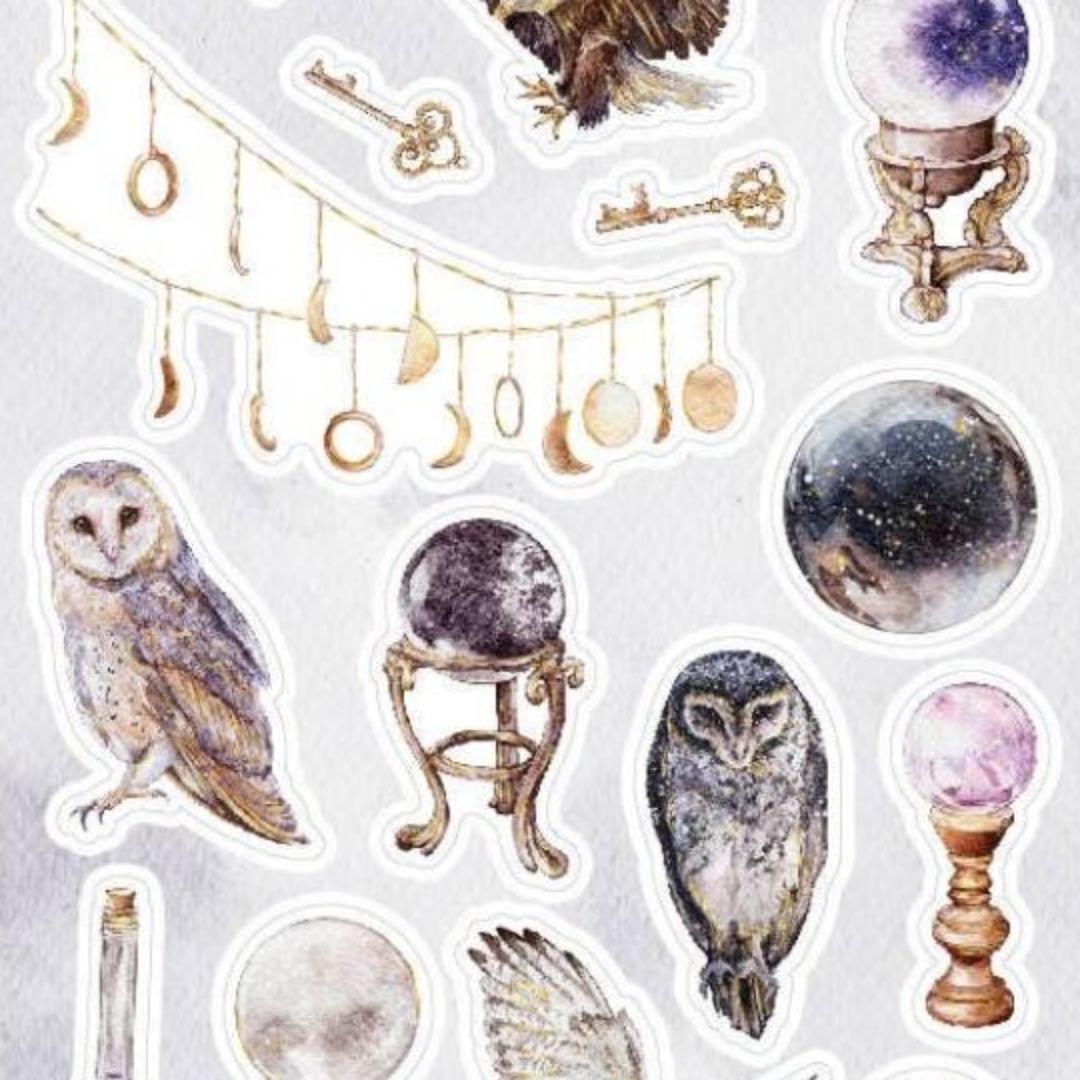 Bird Stickers - Mystical Owls, Eagles, & Crystal Balls - Gold Foil Sticker Sheet