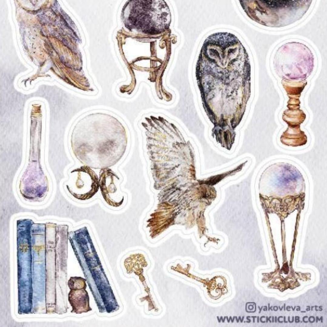 Bird Stickers - Mystical Owls, Eagles, & Crystal Balls - Gold Foil Sticker Sheet