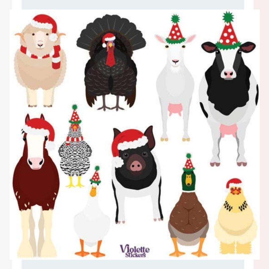 Santa Farm Animals Stickers - Animal Christmas Sticker Sheet