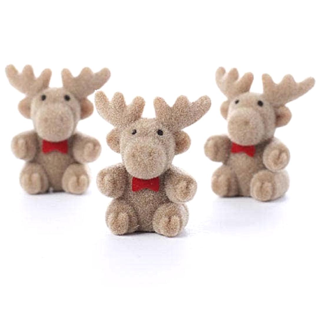 Miniature Flocked Reindeer Figure - Small Moose Figurines - Christmas & Winter Crafts