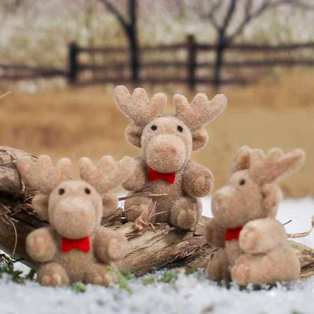 Miniature Flocked Reindeer Figure - Small Moose Figurines - Christmas & Winter Crafts