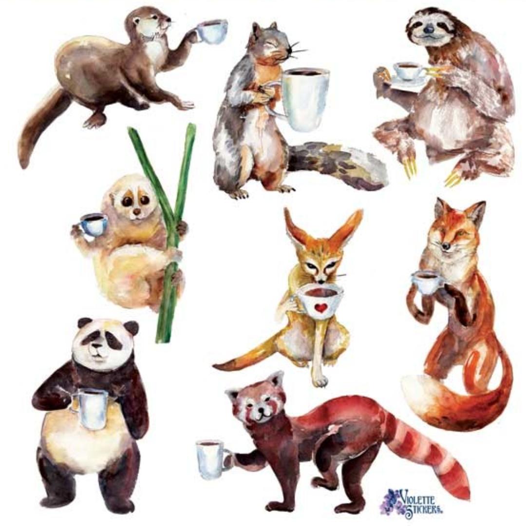 Coffee Break Stickers - Animals Drinking Coffee Sticker Sheet