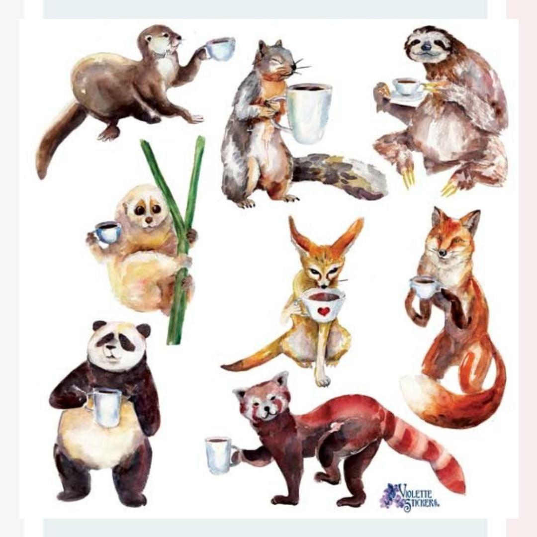 Coffee Break Stickers - Animals Drinking Coffee Sticker Sheet