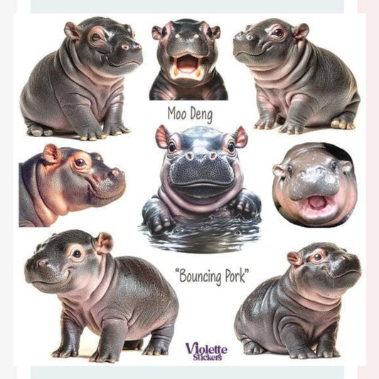 Moo Deng Hippo Stickers - Baby Hippopotamus Sticker Sheet