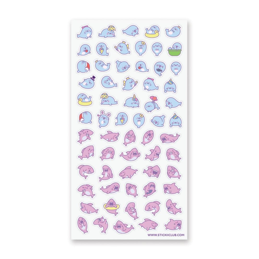 Seal & Shark Stickers - Mini Kawaii Seals & Sharks Sticker Sheet