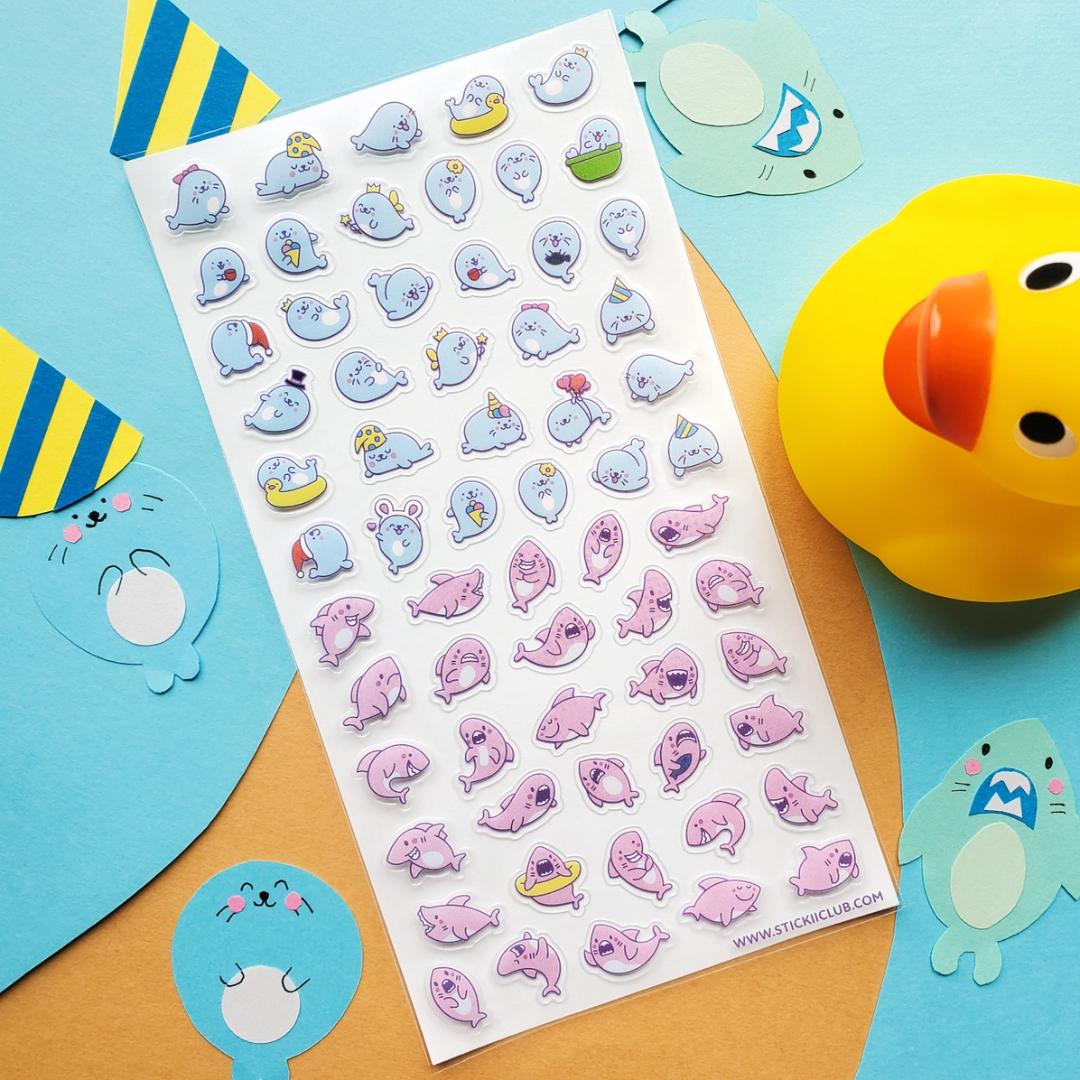 Seal & Shark Stickers - Mini Kawaii Seals & Sharks Sticker Sheet