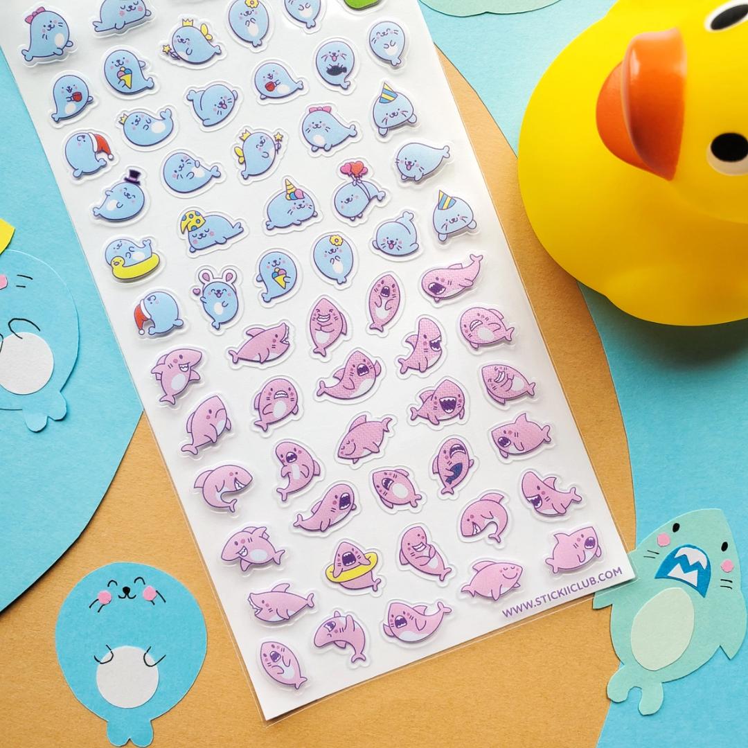 Seal & Shark Stickers - Mini Kawaii Seals & Sharks Sticker Sheet