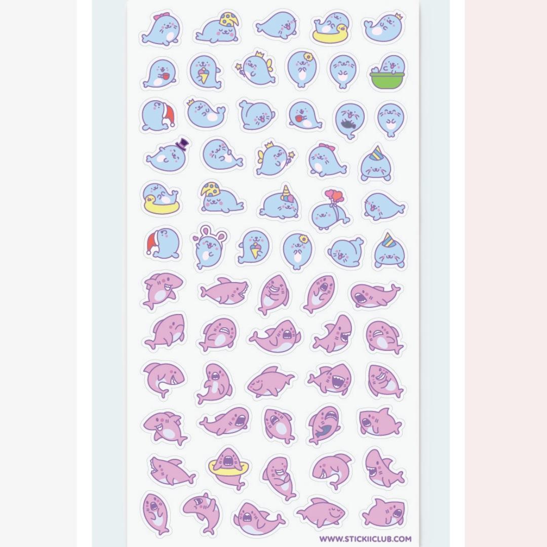 Seal & Shark Stickers - Mini Kawaii Seals & Sharks Sticker Sheet