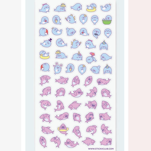 Seal & Shark Stickers - Mini Kawaii Seals & Sharks Sticker Sheet