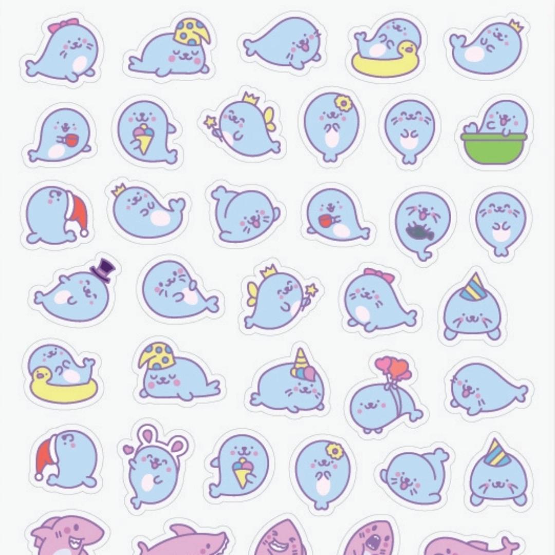 Seal & Shark Stickers - Mini Kawaii Seals & Sharks Sticker Sheet