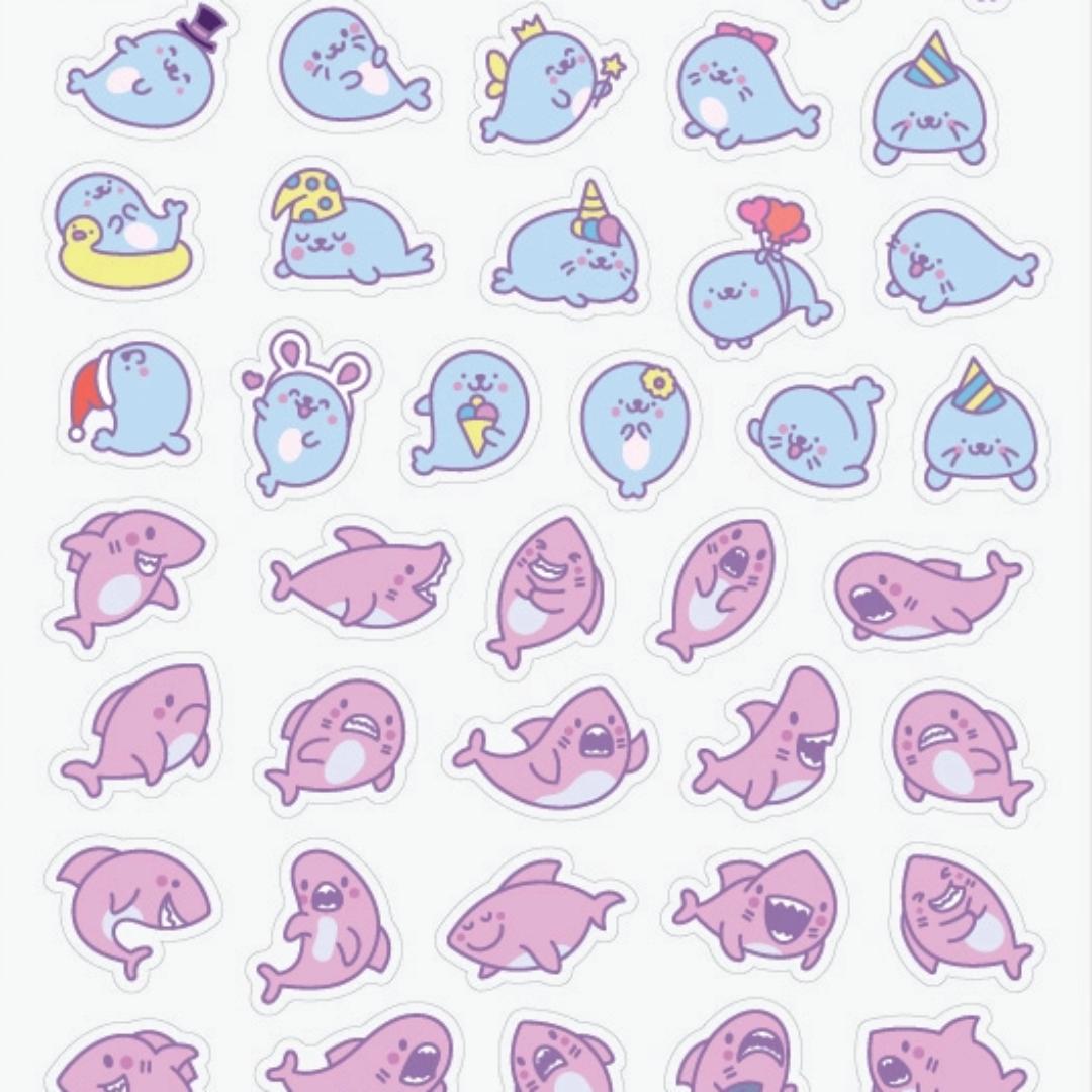 Seal & Shark Stickers - Mini Kawaii Seals & Sharks Sticker Sheet