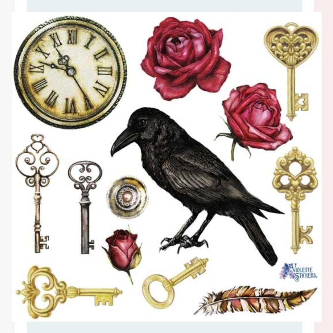Raven and Gold Key Stickers - Gothic Office Sticker Sheets