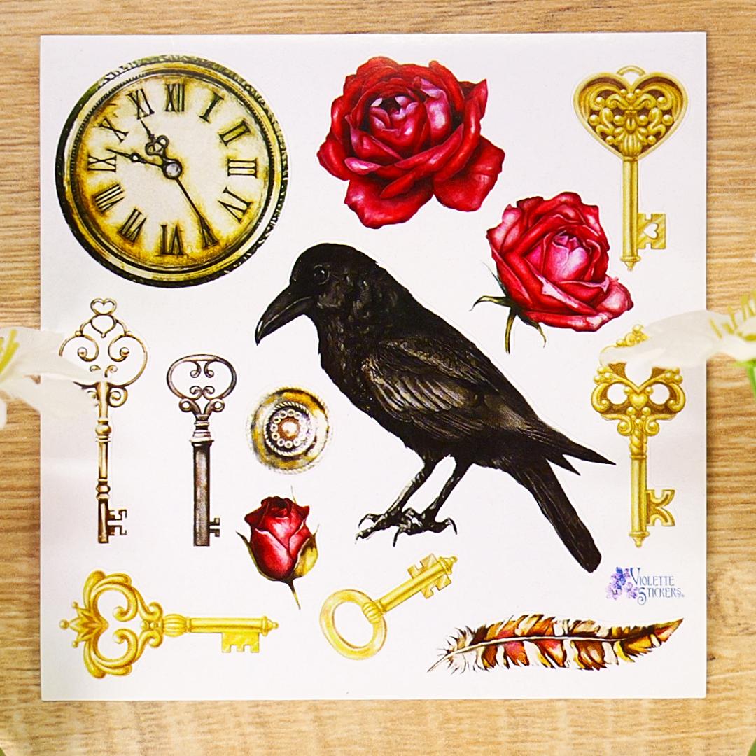 Raven and Gold Key Stickers - Gothic Office Sticker Sheets