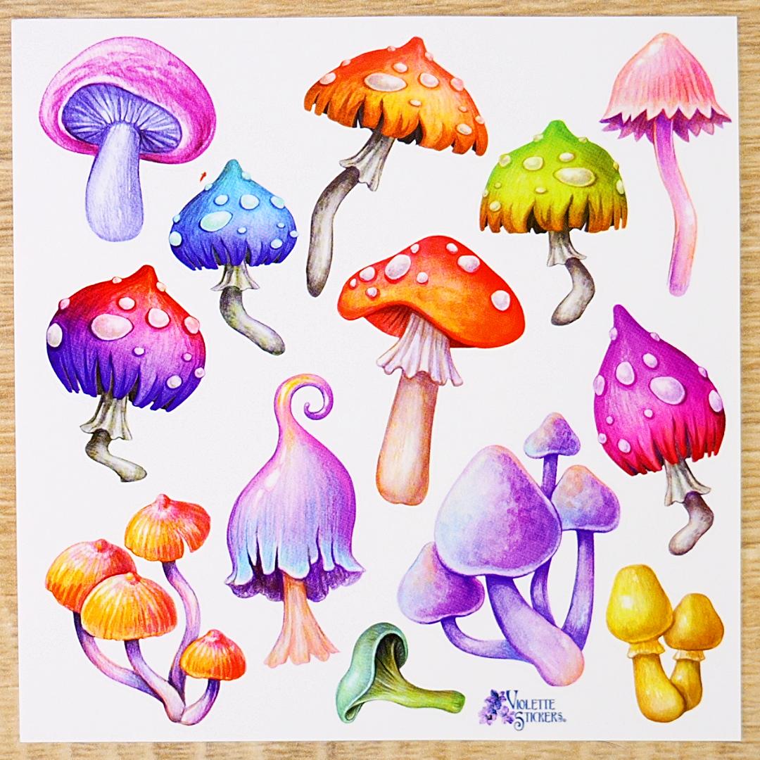 Electric Mushrooms Stickers - Colorful Neon Flora Sticker Sheets