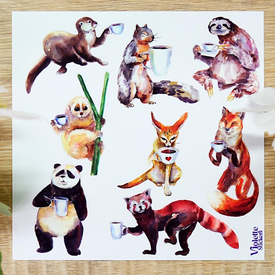 Coffee Break Stickers - Animals Drinking Coffee Sticker Sheet