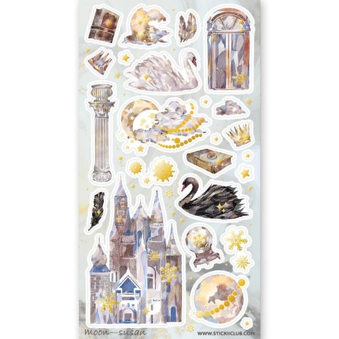 Dreamy Fairytale Stickers - Fantasy Castle & Swans Sticker Sheet