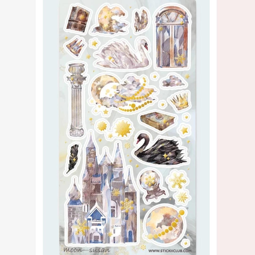 Dreamy Fairytale Stickers - Fantasy Castle & Swans Sticker Sheet
