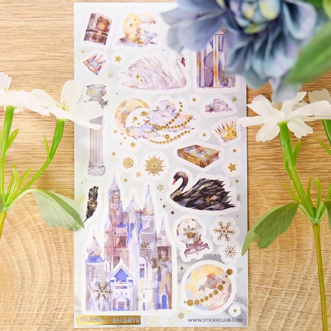 Dreamy Fairytale Stickers - Fantasy Castle & Swans Sticker Sheet