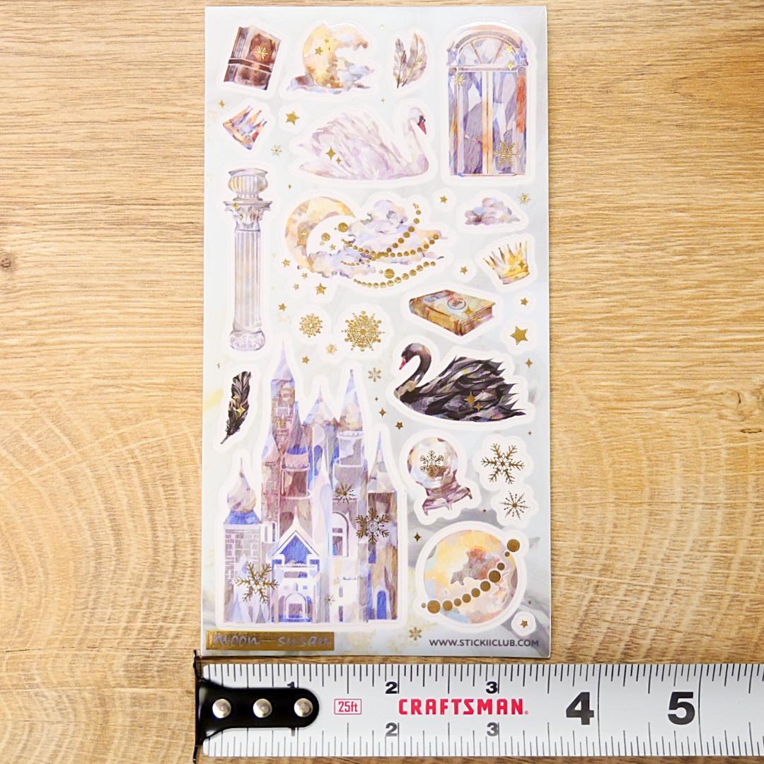 Dreamy Fairytale Stickers - Fantasy Castle & Swans Sticker Sheet