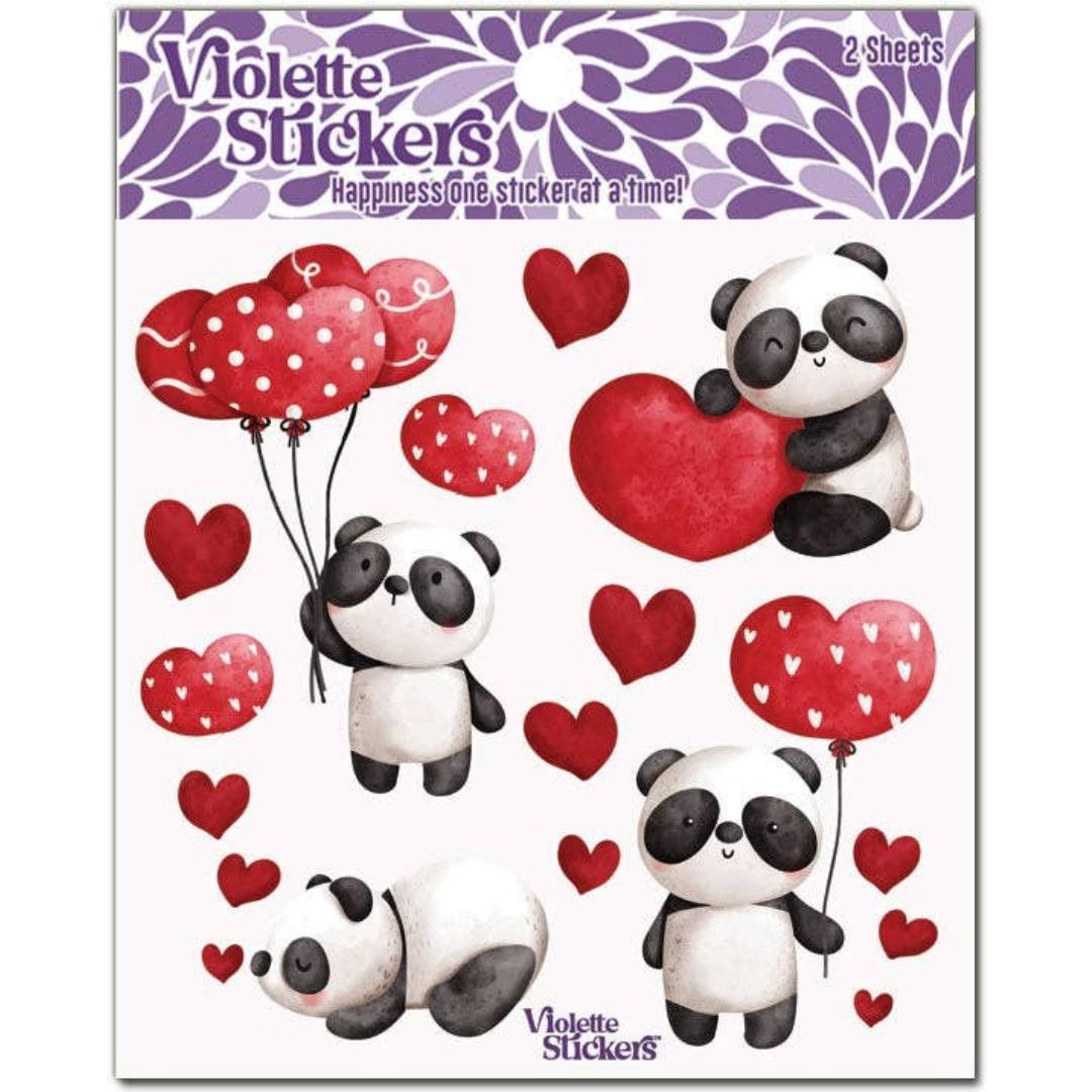 Panda Stickers - Red Hearts, Balloons, & Pandas Sticker Sheet