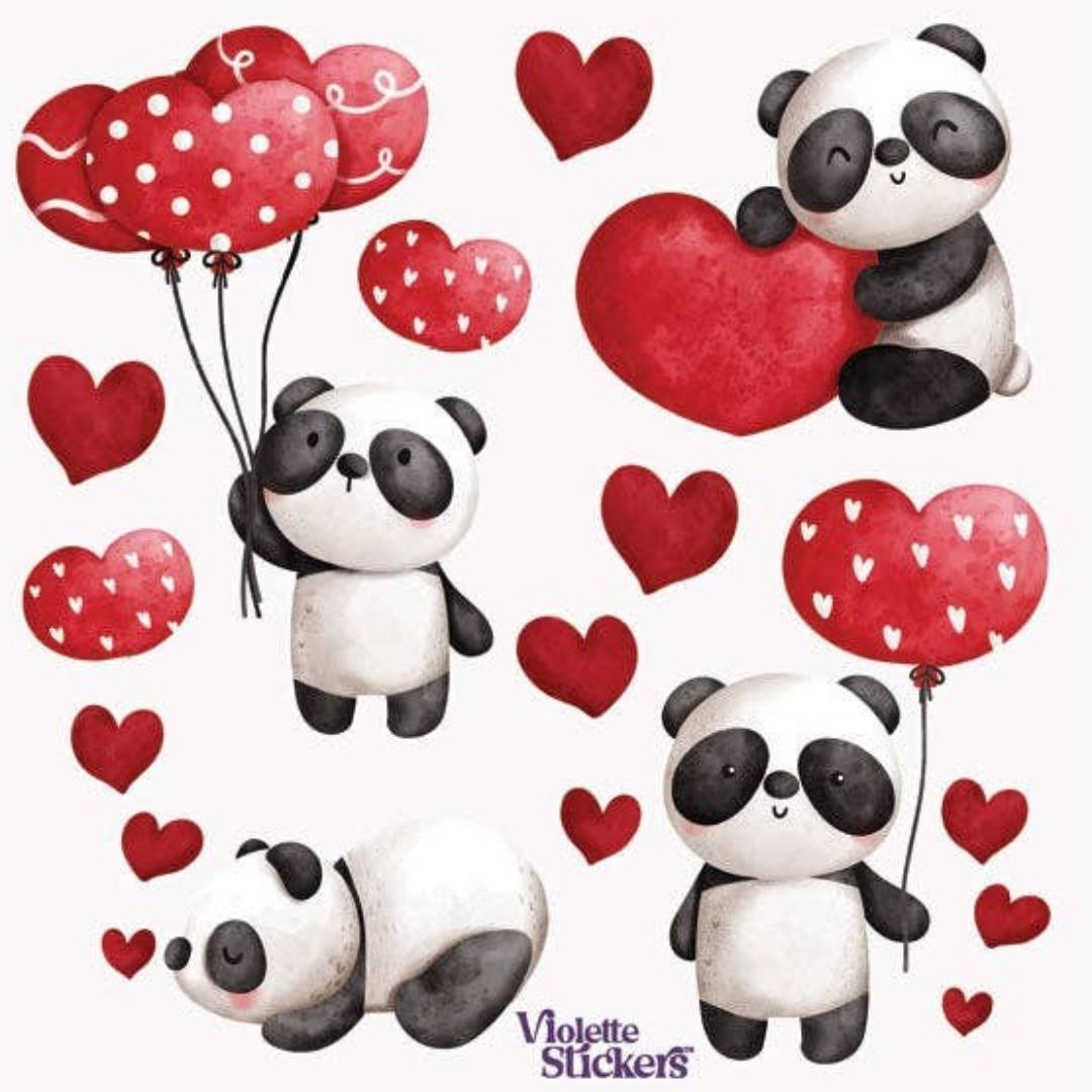 Panda Stickers - Red Hearts, Balloons, & Pandas Sticker Sheet