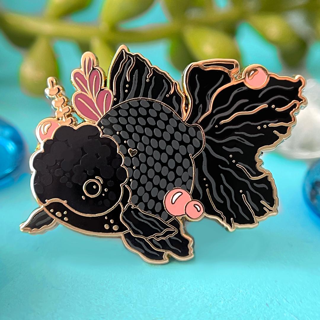Black Oranda Goldfish Enamel Pin - Gold Plated Brooch - New Nature Jewelry