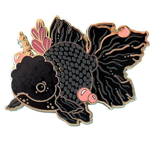Black Oranda Goldfish Enamel Pin - Gold Plated Brooch - New Nature Jewelry