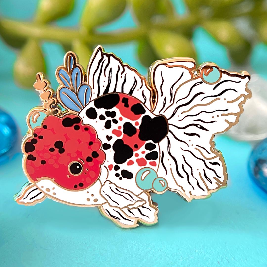 Calico Oranda Goldfish Enamel Pin - Gold Plated Brooch - New Nature Jewelry