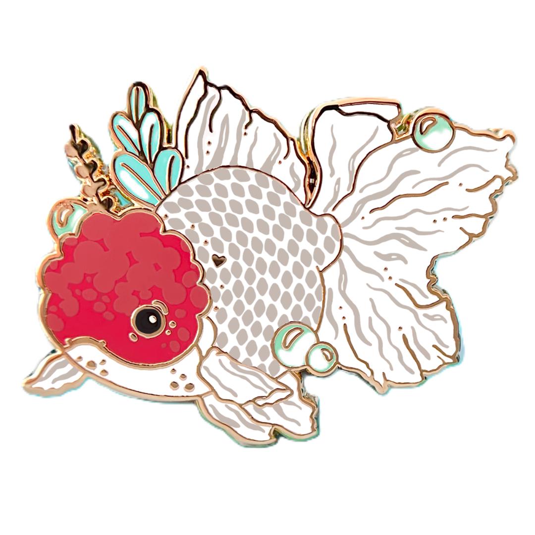 Red Cap Oranda Goldfish Enamel Pin - Gold Plated Brooch - Nature Jewelry
