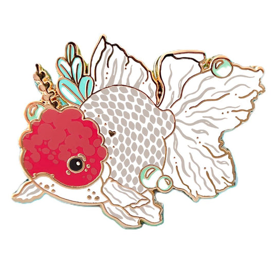 Red Cap Oranda Goldfish Enamel Pin - Gold Plated Brooch - Nature Jewelry