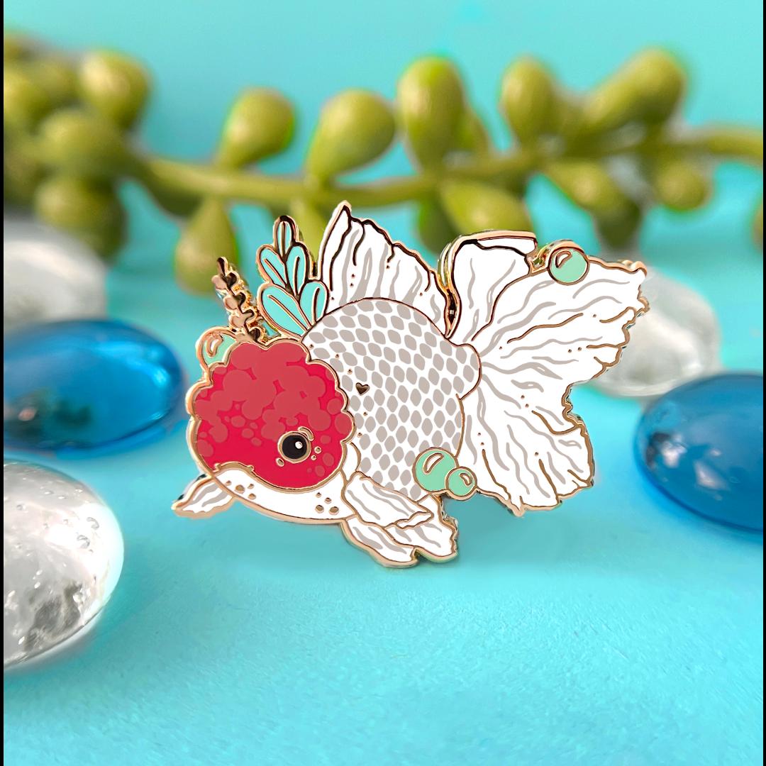 Red Cap Oranda Goldfish Enamel Pin - Gold Plated Brooch - Nature Jewelry