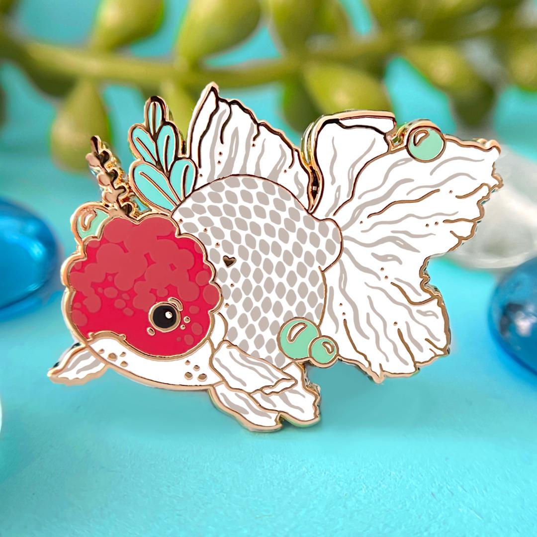 Red Cap Oranda Goldfish Enamel Pin - Gold Plated Brooch - Nature Jewelry