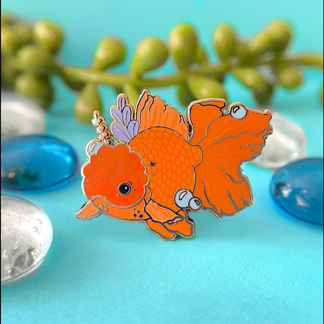 Orange Oranda Goldfish Enamel Pin - Gold Plated Brooch - New Nature Jewelry