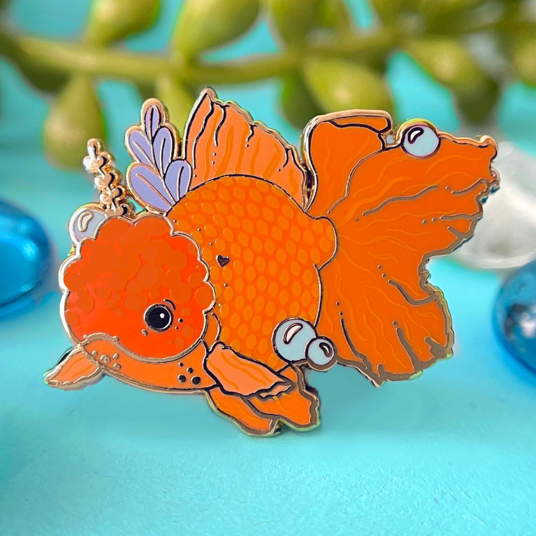 Orange Oranda Goldfish Enamel Pin - Gold Plated Brooch - New Nature Jewelry