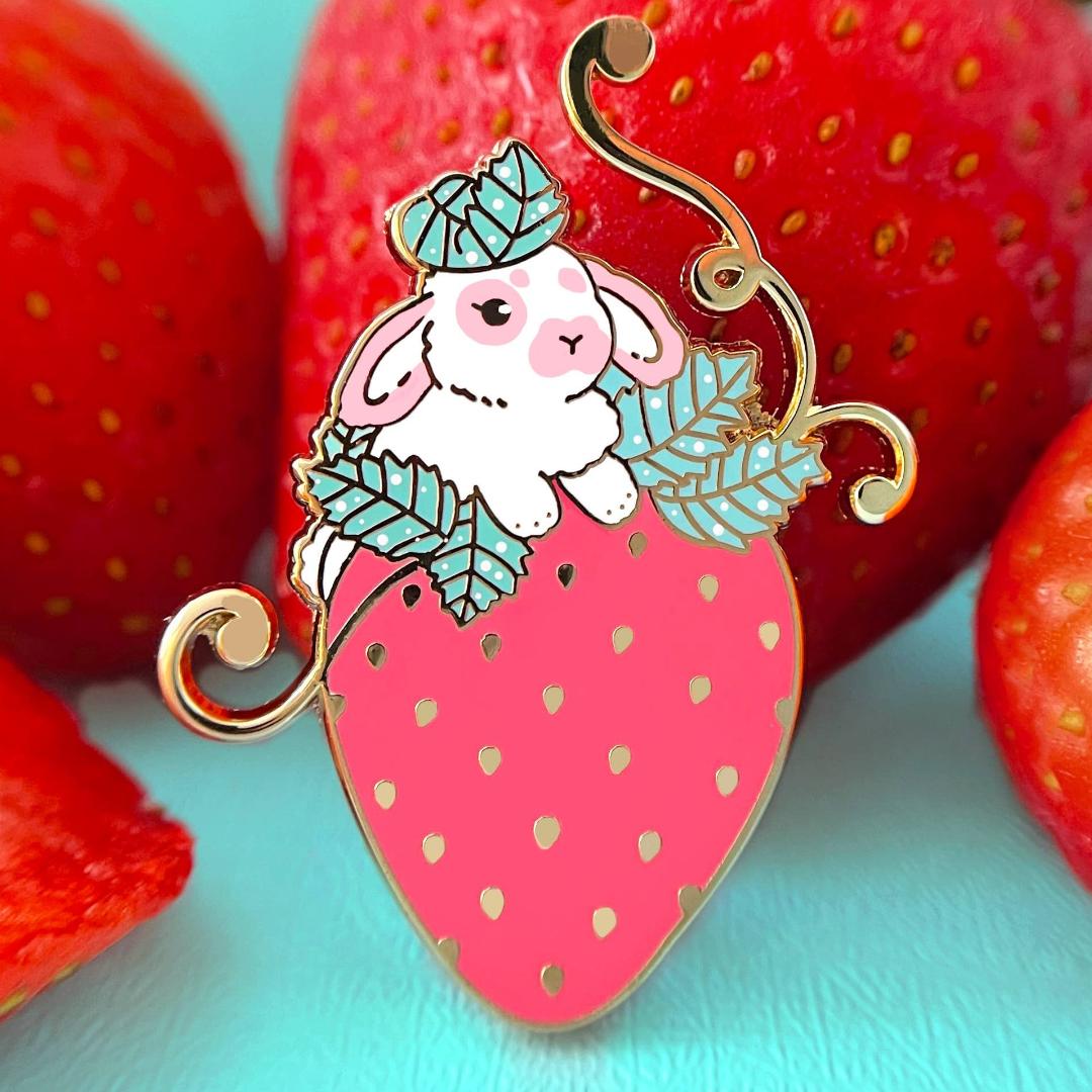 Strawberry Rabbit Enamel Pin - Gold Plated Brooch - Nature Jewelry