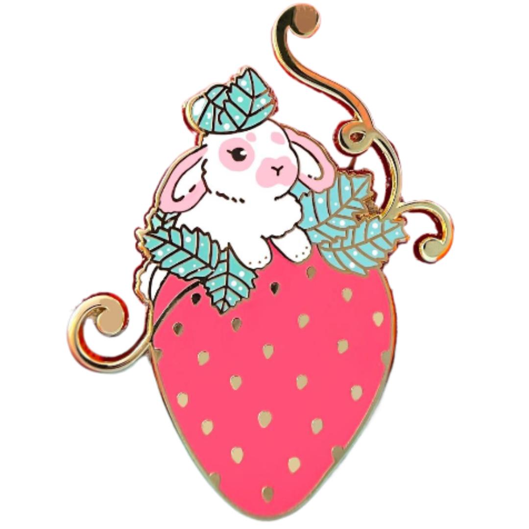 Strawberry Rabbit Enamel Pin - Gold Plated Brooch - Nature Jewelry