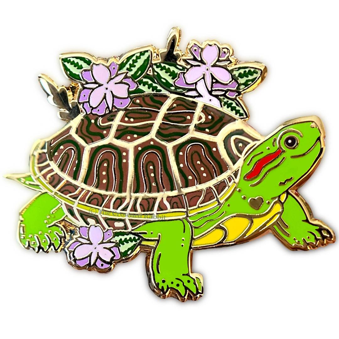 Red-Eared Slider Turtle Enamel Pin - Gold Plated Brooch - Nature Jewelry