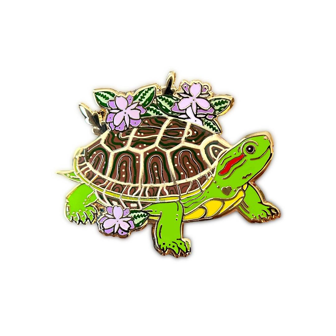 Red-Eared Slider Turtle Enamel Pin - Gold Plated Brooch - Nature Jewelry