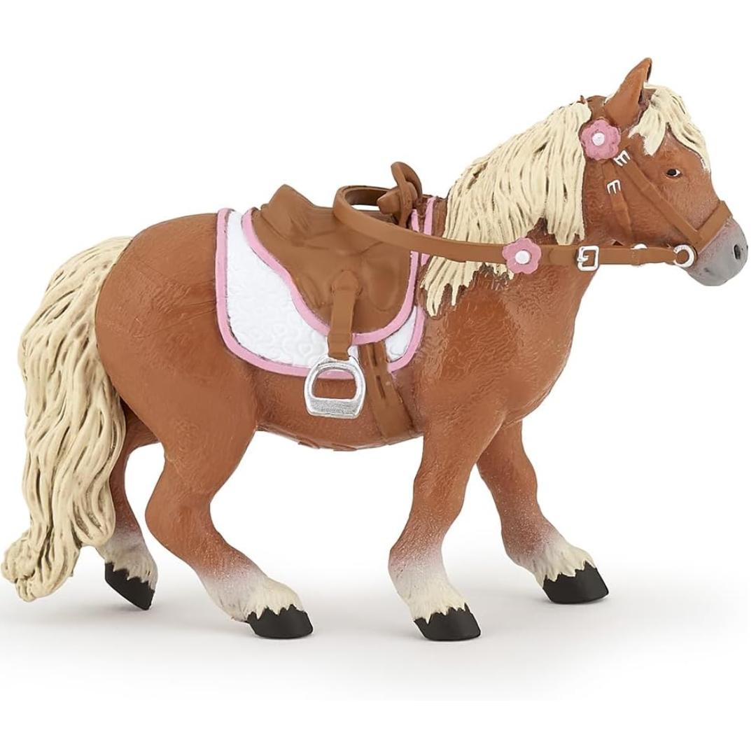 Shetland Pony with Saddle Figure - Hand Painted Collectible Farm Animal Toy Figure - Papo 51559