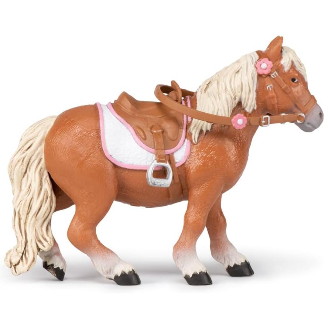 Shetland Pony with Saddle Figure - Hand Painted Collectible Farm Animal Toy Figure - Papo 51559
