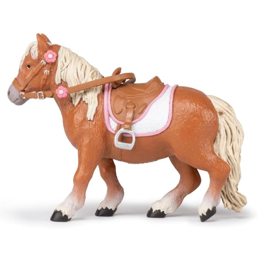 Shetland Pony with Saddle Figure - Hand Painted Collectible Farm Animal Toy Figure - Papo 51559