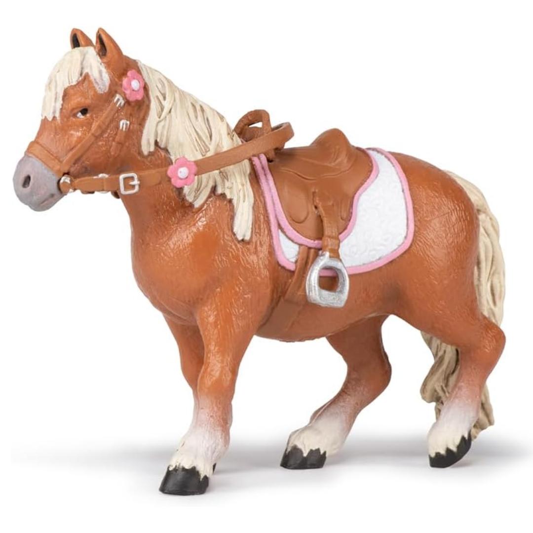 Shetland Pony with Saddle Figure - Hand Painted Collectible Farm Animal Toy Figure - Papo 51559