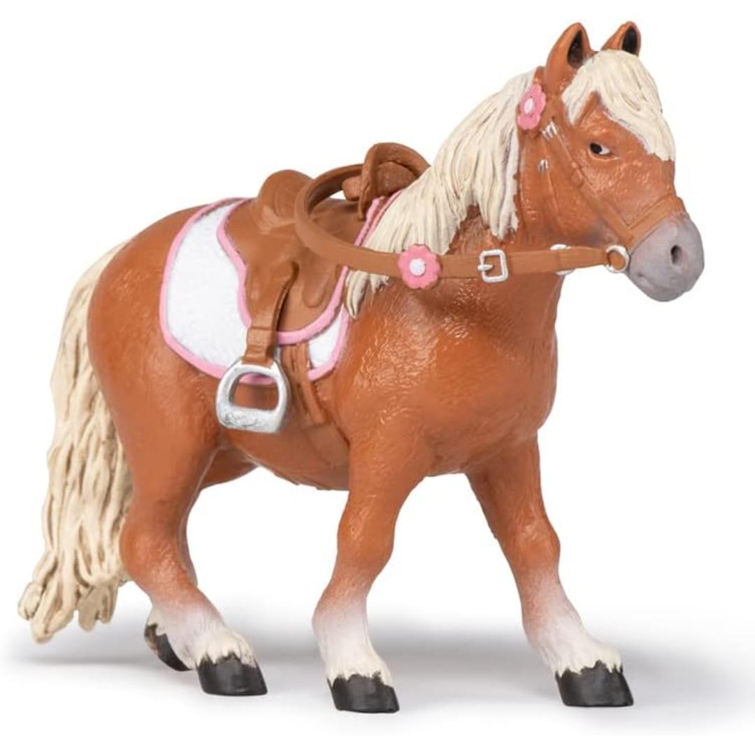 Shetland Pony with Saddle Figure - Hand Painted Collectible Farm Animal Toy Figure - Papo 51559