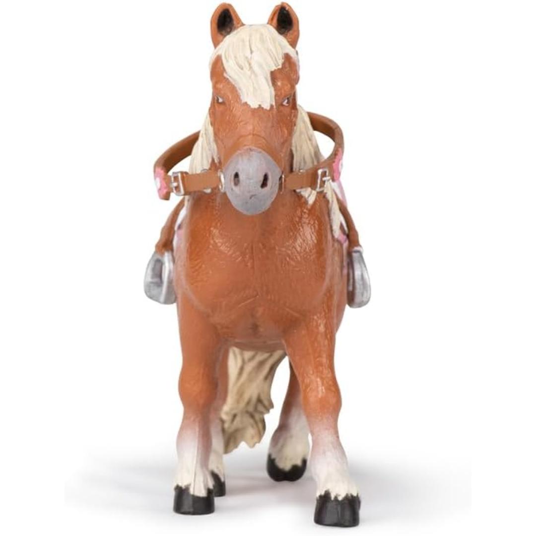 Shetland Pony with Saddle Figure - Hand Painted Collectible Farm Animal Toy Figure - Papo 51559