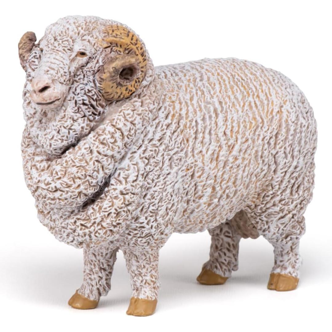 Merino Ram Sheep Figurine - Hand Painted Collectible Farm Animal Toy Figure - Papo