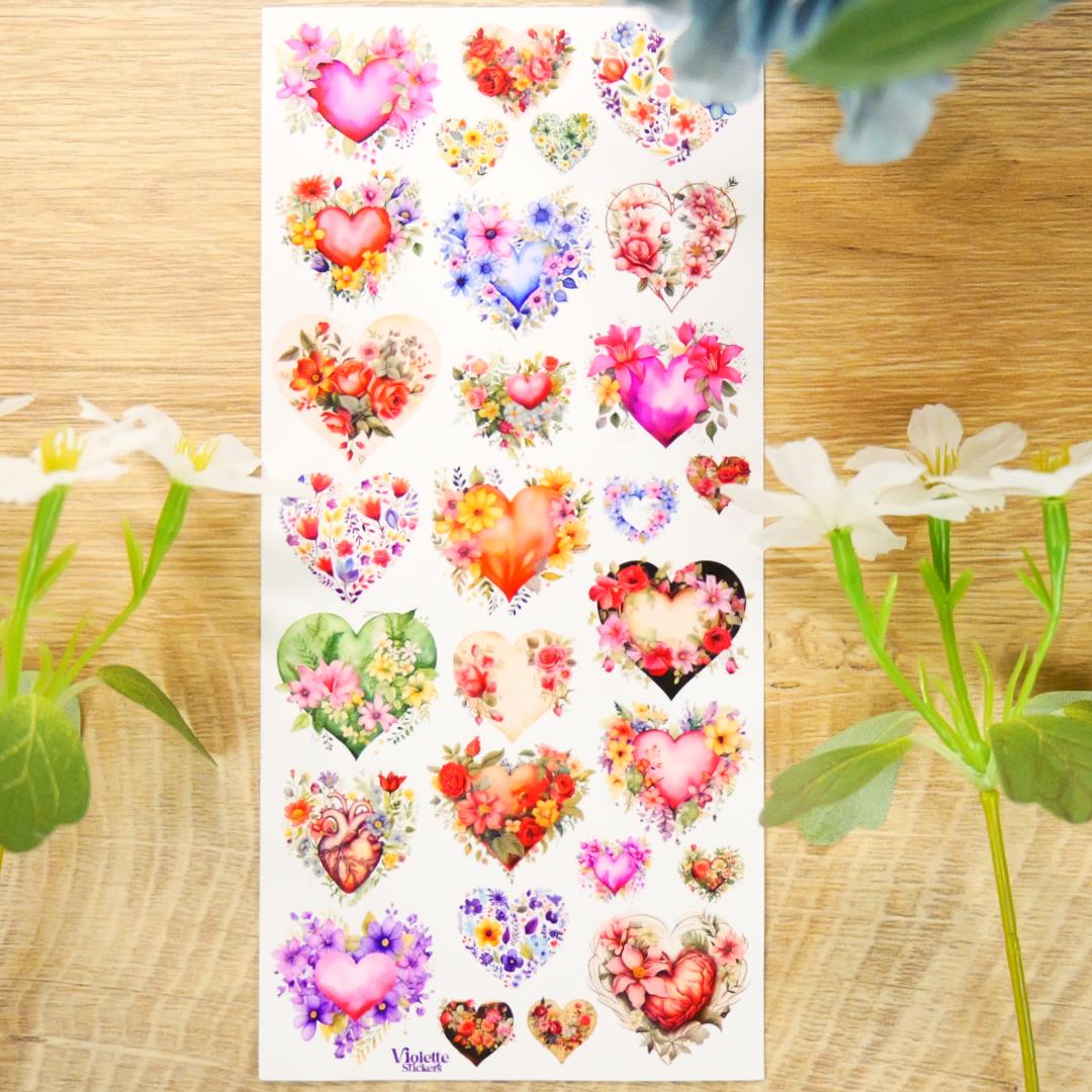 Floral Heart Stickers - Flower Hearts Sticker Sheet