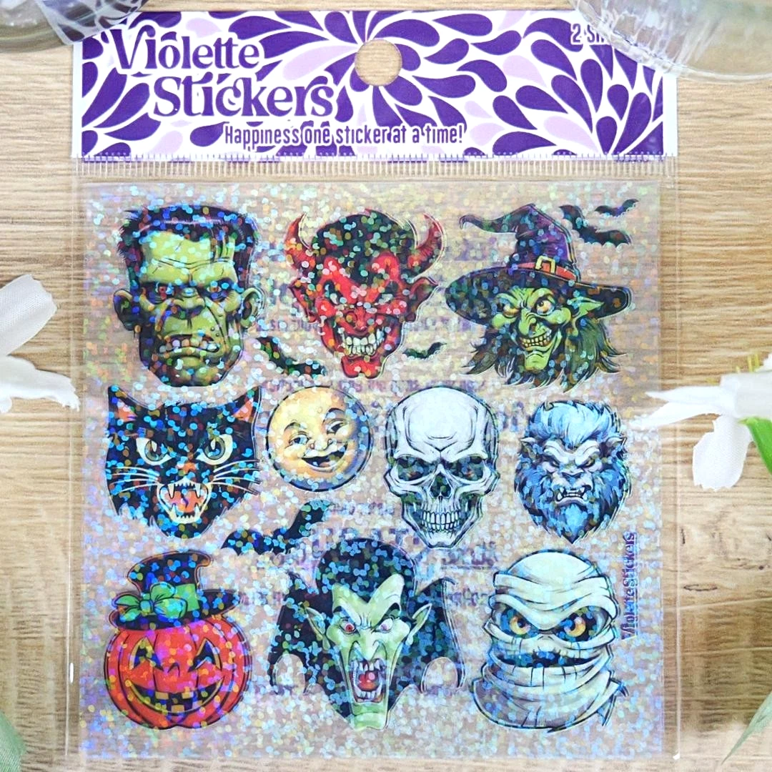 Crystal Monster Halloween Stickers - 2 Sticker Sheets for Stationary, Scrapbooking, & More
