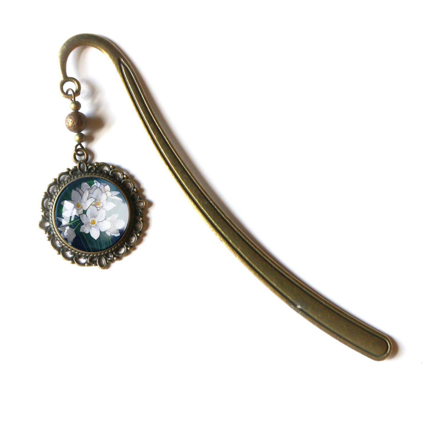 Paperwhite Narcissus Flowers Bookmark - Bronze and Glass Cabochon