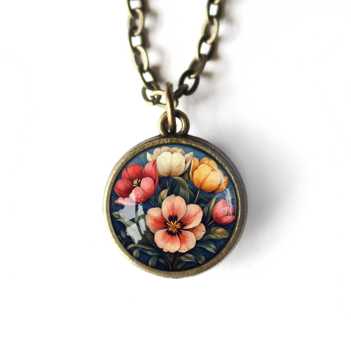 Moody Tulip Flowers Reversible Spring Pendant Necklace