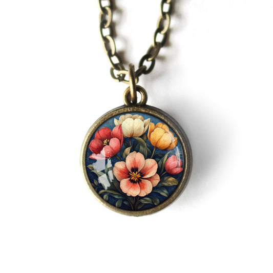 Moody Tulip Flowers Reversible Spring Pendant Necklace